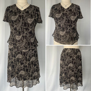 Skirt Set Size 14 Black Beige Paisley Flutter Short Sleeve A Line Y2K 2 Piece